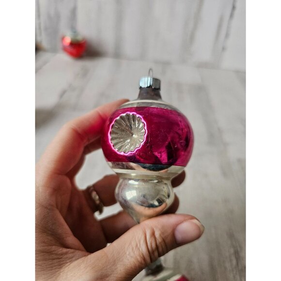 Vintage radko indent double teardrop pink striped ornament mercury glass Xmas tr - Picture 2 of 14